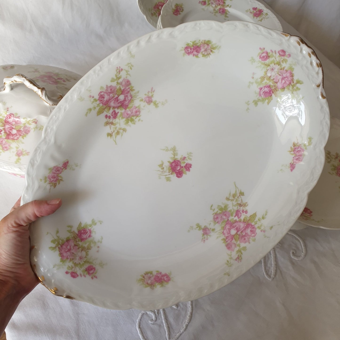 Antique Limoges Porcelain Dinner Service, Pink Roses, Gold Gilt, c1908-20