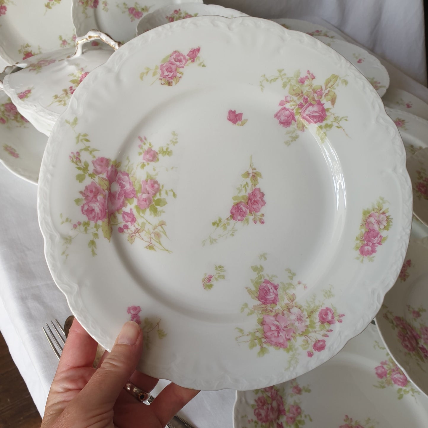 Antique Limoges Porcelain Dinner Service, Pink Roses, Gold Gilt, c1908-20