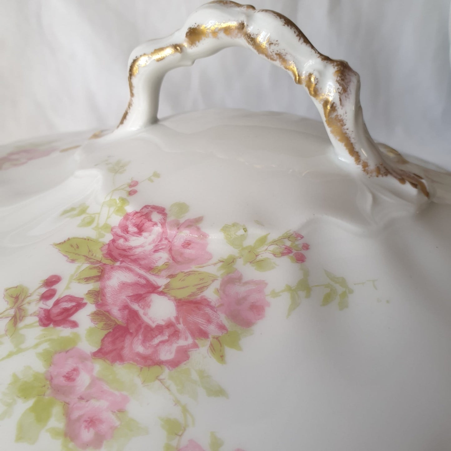 Antique Limoges Porcelain Dinner Service, Pink Roses, Gold Gilt, c1908-20