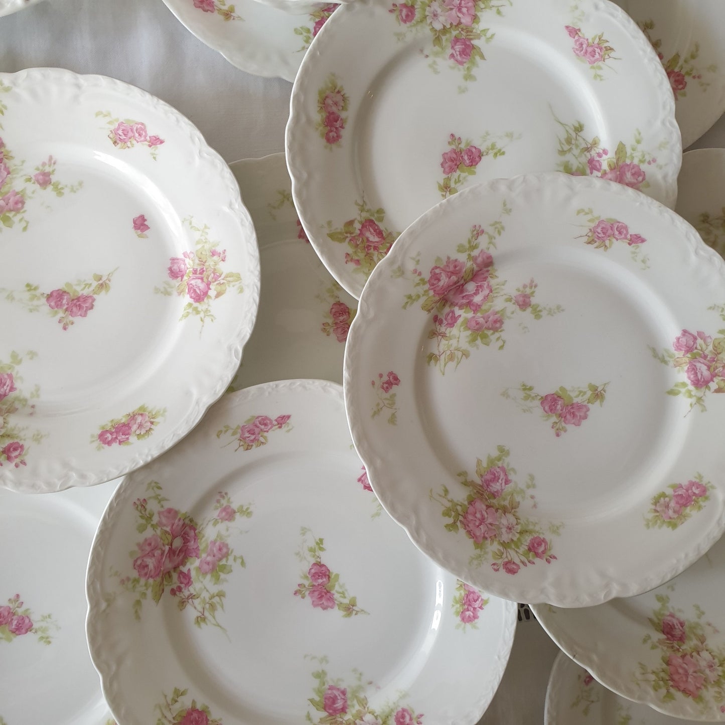 Antique Limoges Porcelain Dinner Service, Pink Roses, Gold Gilt, c1908-20