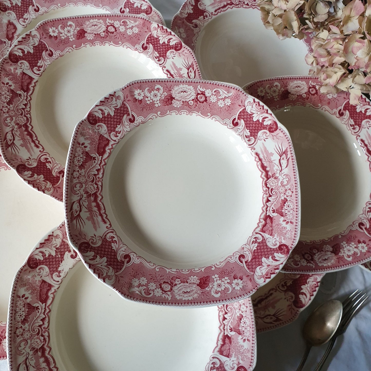 Set of 10 Antique Red Transferware Soup Plates, Société Céramique Victoria, Floral Bird Design
