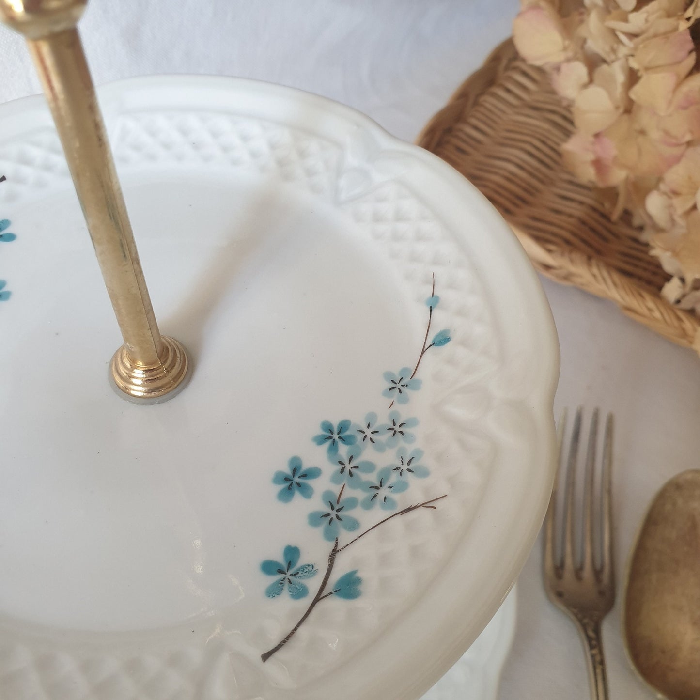 Vintage Limoges Porcelain Cake Stand, Blue Floral Trellis, Goldtone trim