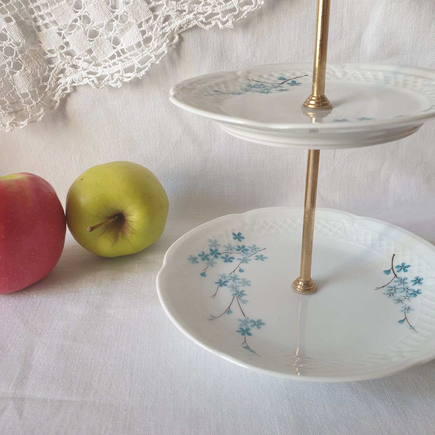 Vintage Limoges Porcelain Cake Stand, Blue Floral Trellis, Goldtone trim