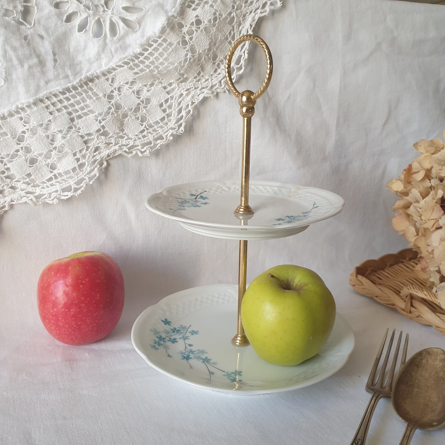 Vintage Limoges Porcelain Cake Stand, Blue Floral Trellis, Goldtone trim
