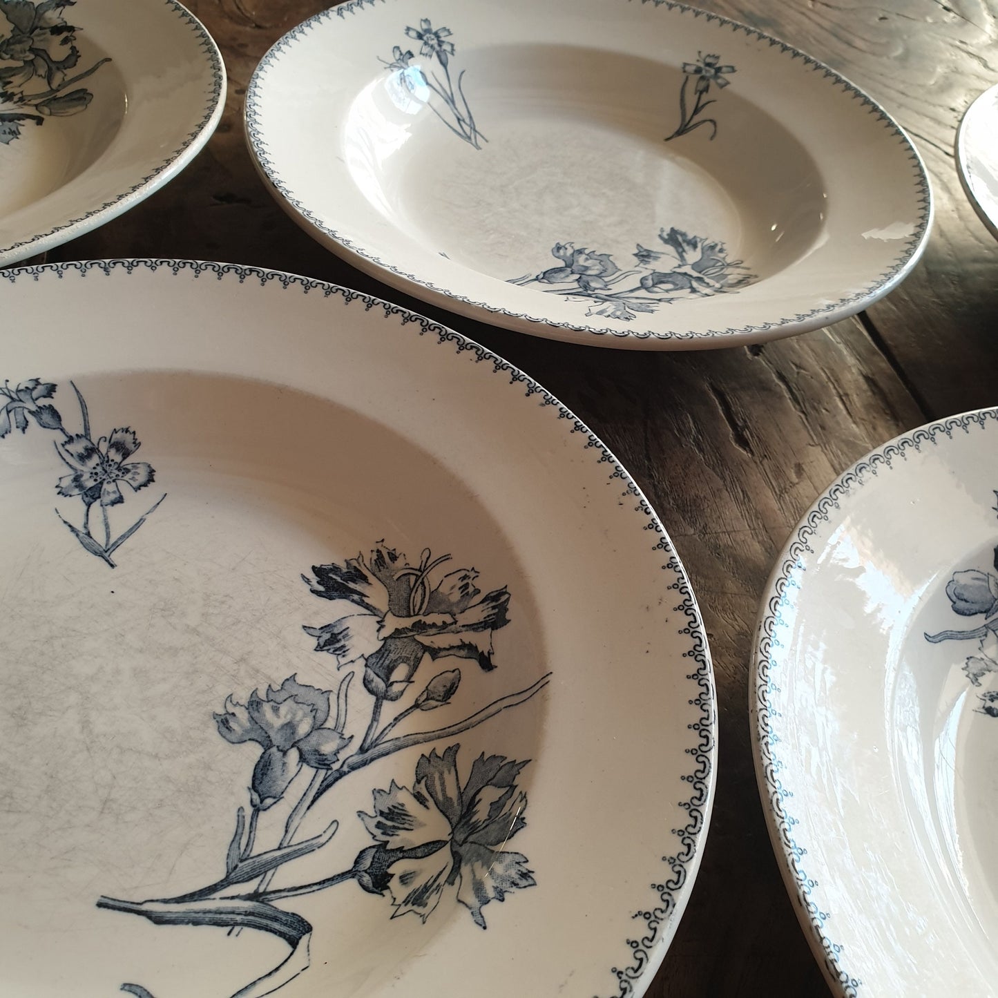 Set of 6 Antique French Soup Plates, Blue Transferware Carnation Flowers, U&C Sarreguemines
