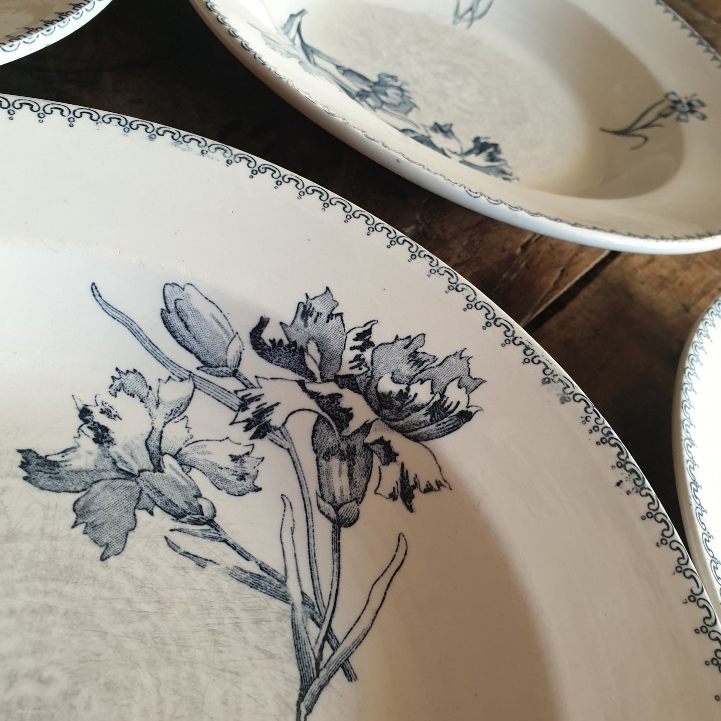 Set of 6 Antique French Soup Plates, Blue Transferware Carnation Flowers, U&C Sarreguemines