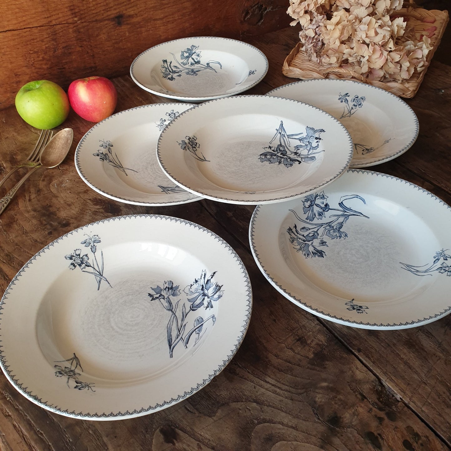 Set of 6 Antique French Soup Plates, Blue Transferware Carnation Flowers, U&C Sarreguemines