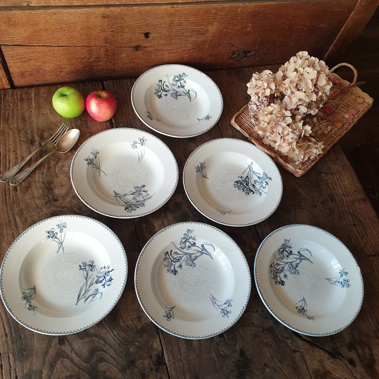 Set of 6 Antique French Soup Plates, Blue Transferware Carnation Flowers, U&C Sarreguemines