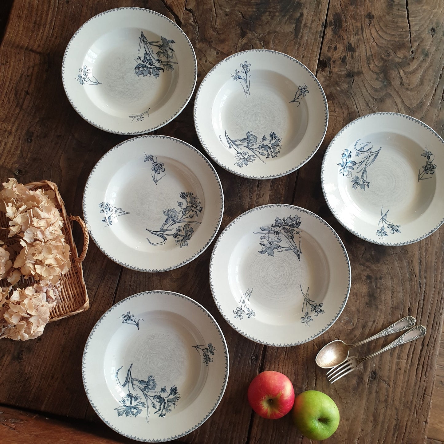 Set of 6 Antique French Soup Plates, Blue Transferware Carnation Flowers, U&C Sarreguemines