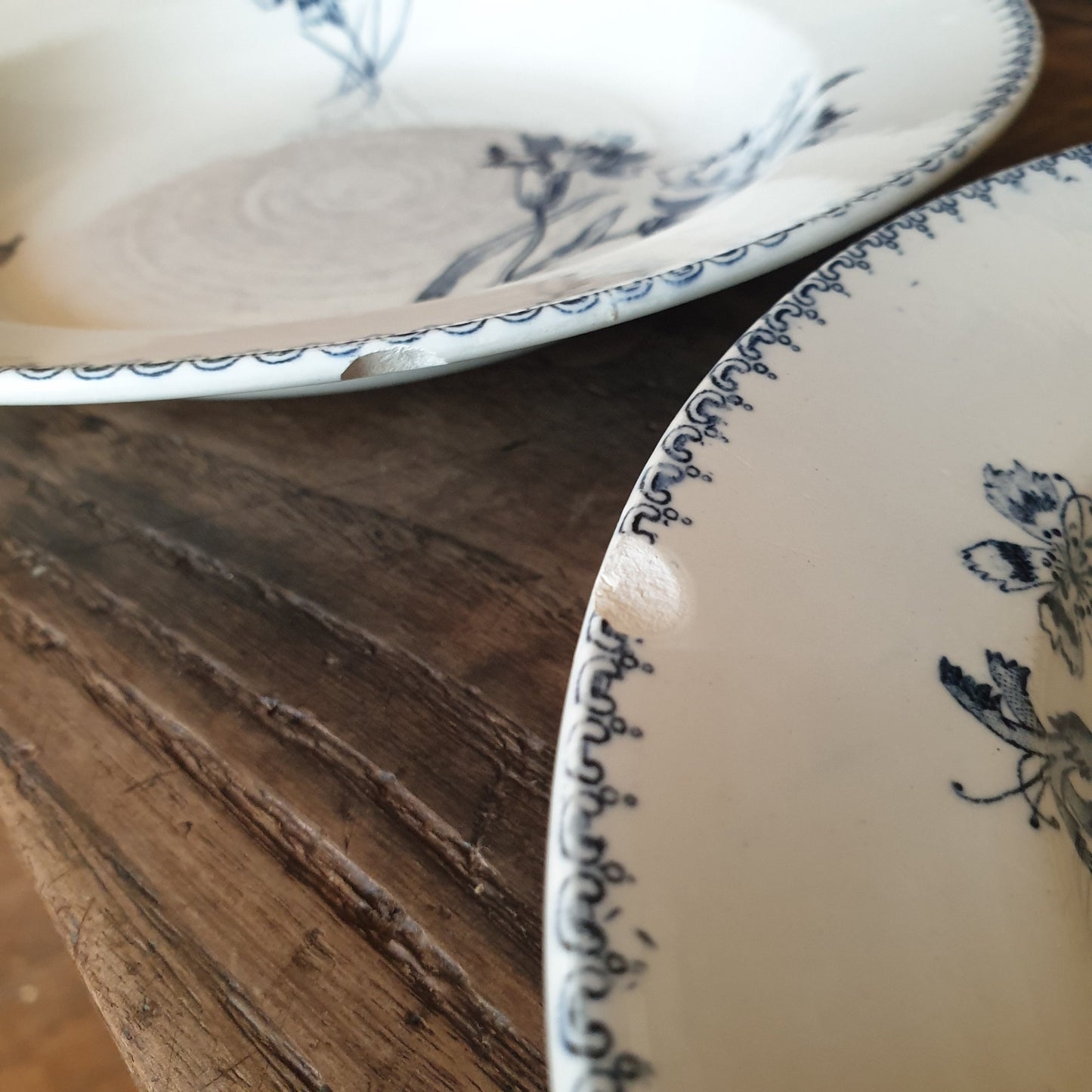 Set of 6 Antique French Soup Plates, Blue Transferware Carnation Flowers, U&C Sarreguemines
