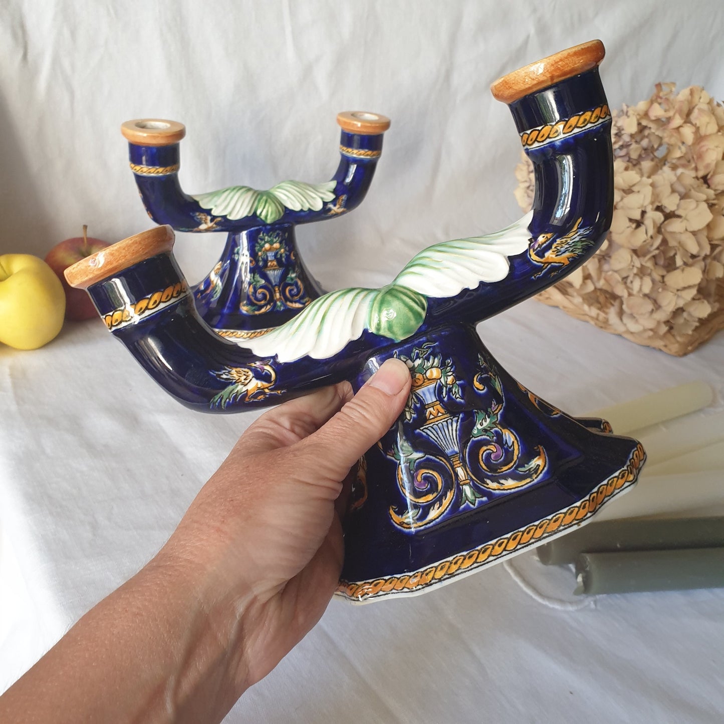Vintage Gien Barbotine Candle Holders, Indigo Blue Majolica, French Baroque Style