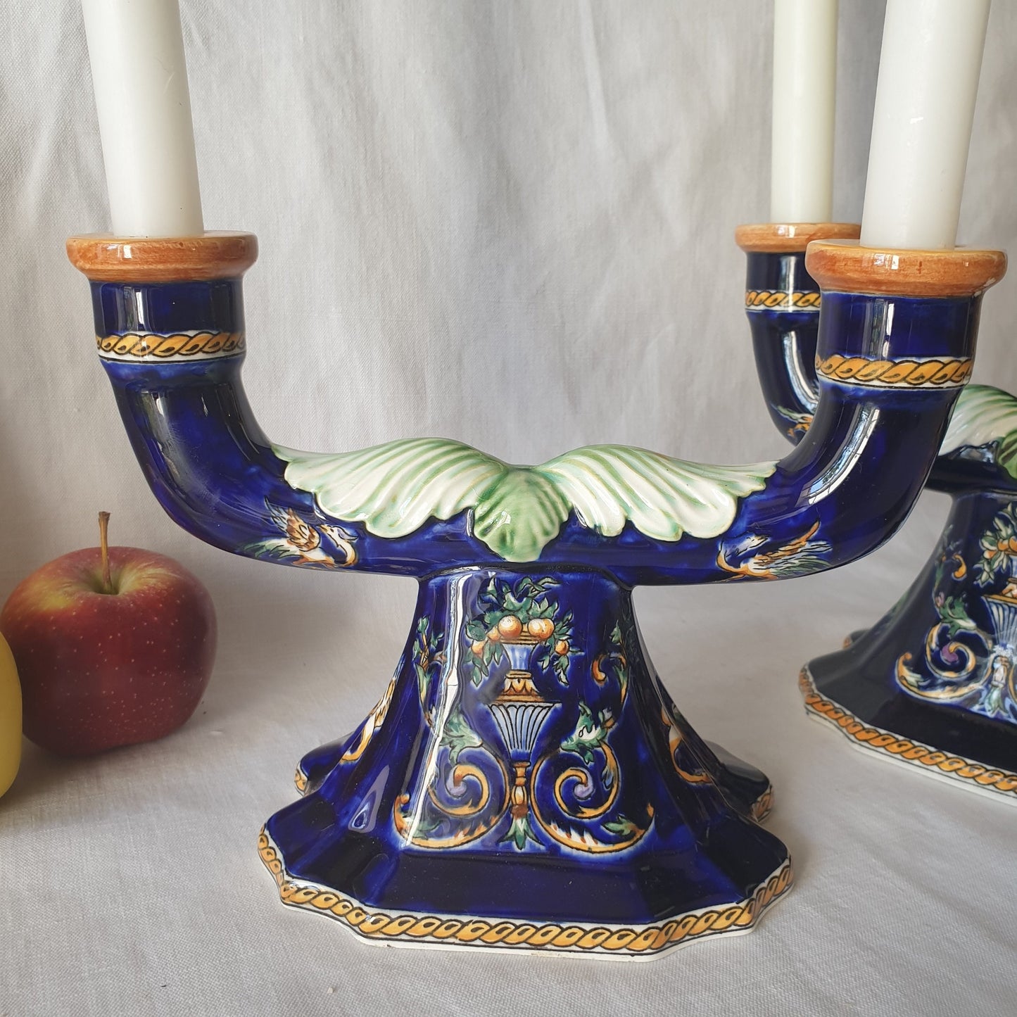 Vintage Gien Barbotine Candle Holders, Indigo Blue Majolica, French Baroque Style