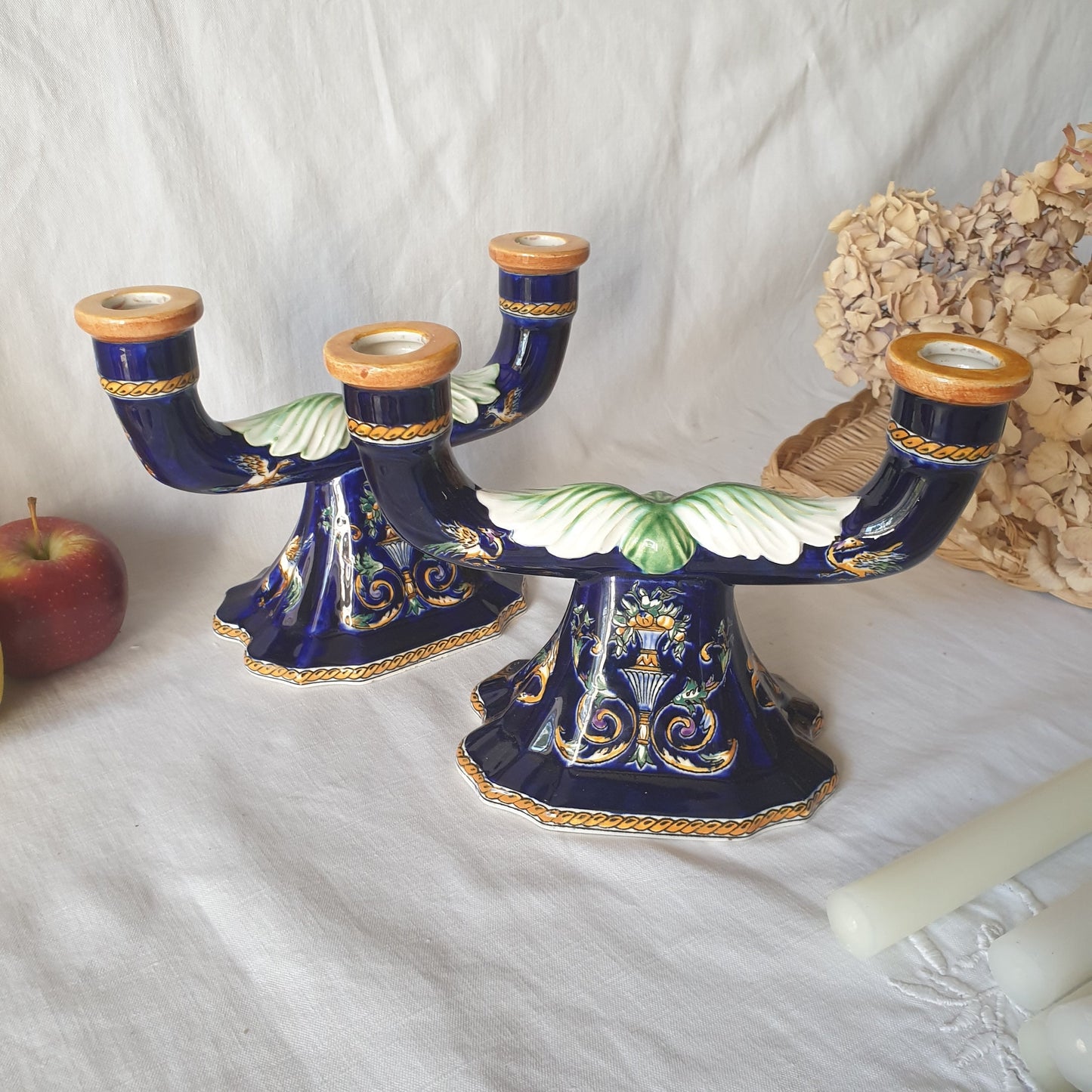 Vintage Gien Barbotine Candle Holders, Indigo Blue Majolica, French Baroque Style
