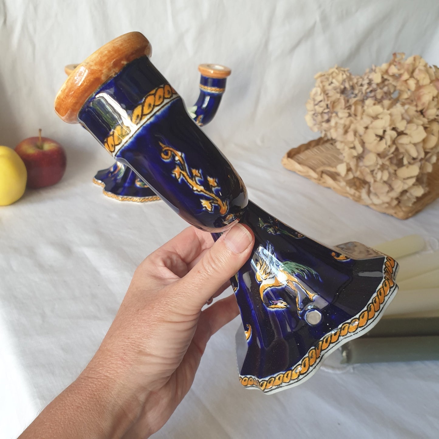 Vintage Gien Barbotine Candle Holders, Indigo Blue Majolica, French Baroque Style
