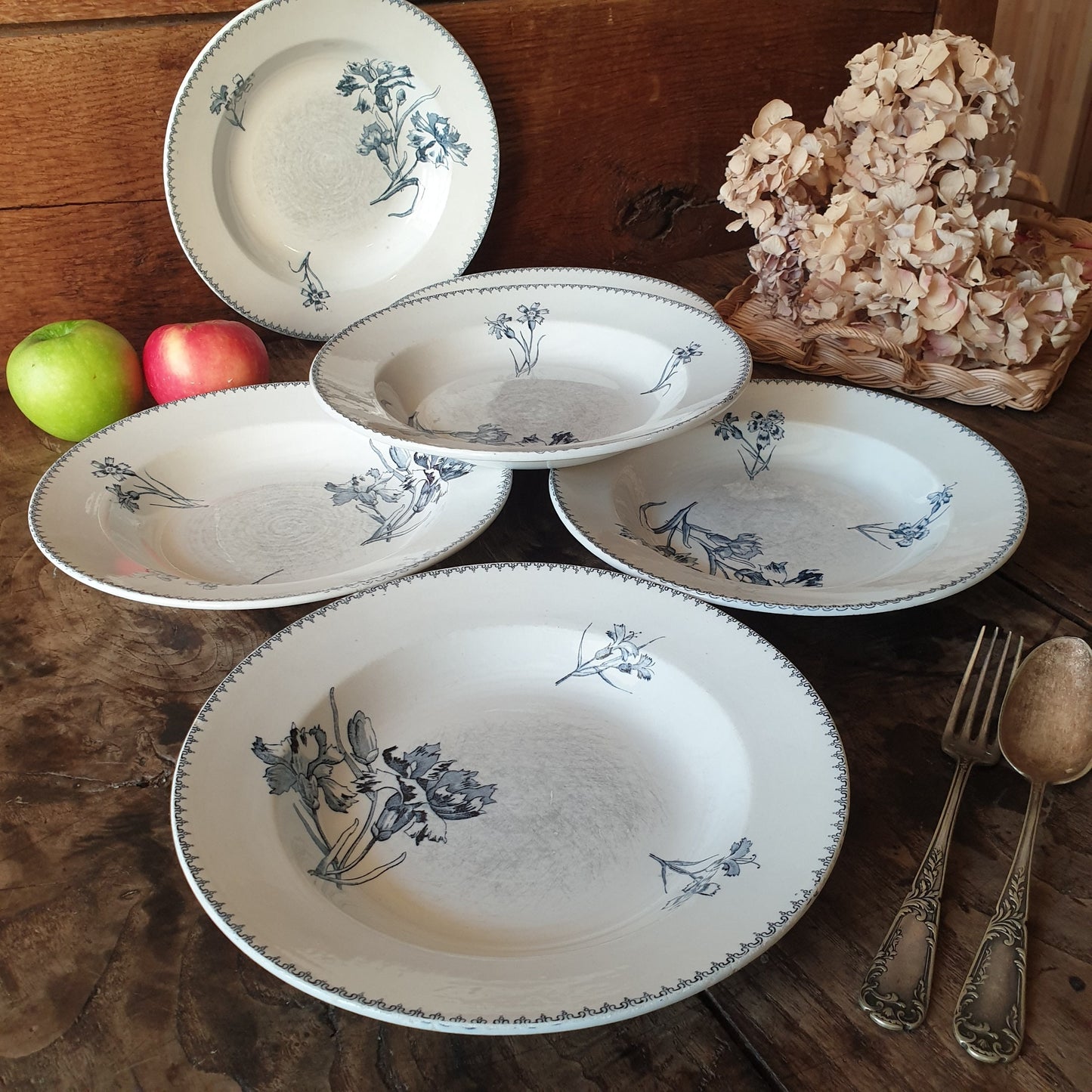 Set of 6 Antique French Soup Plates, Blue Transferware Carnation Flowers, U&C Sarreguemines
