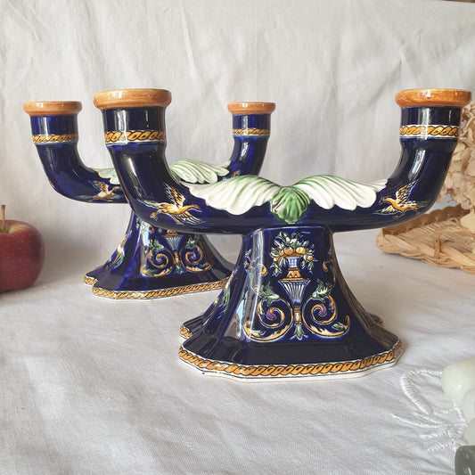 Vintage Gien Barbotine Candle Holders, Indigo Blue Majolica, French Baroque Style