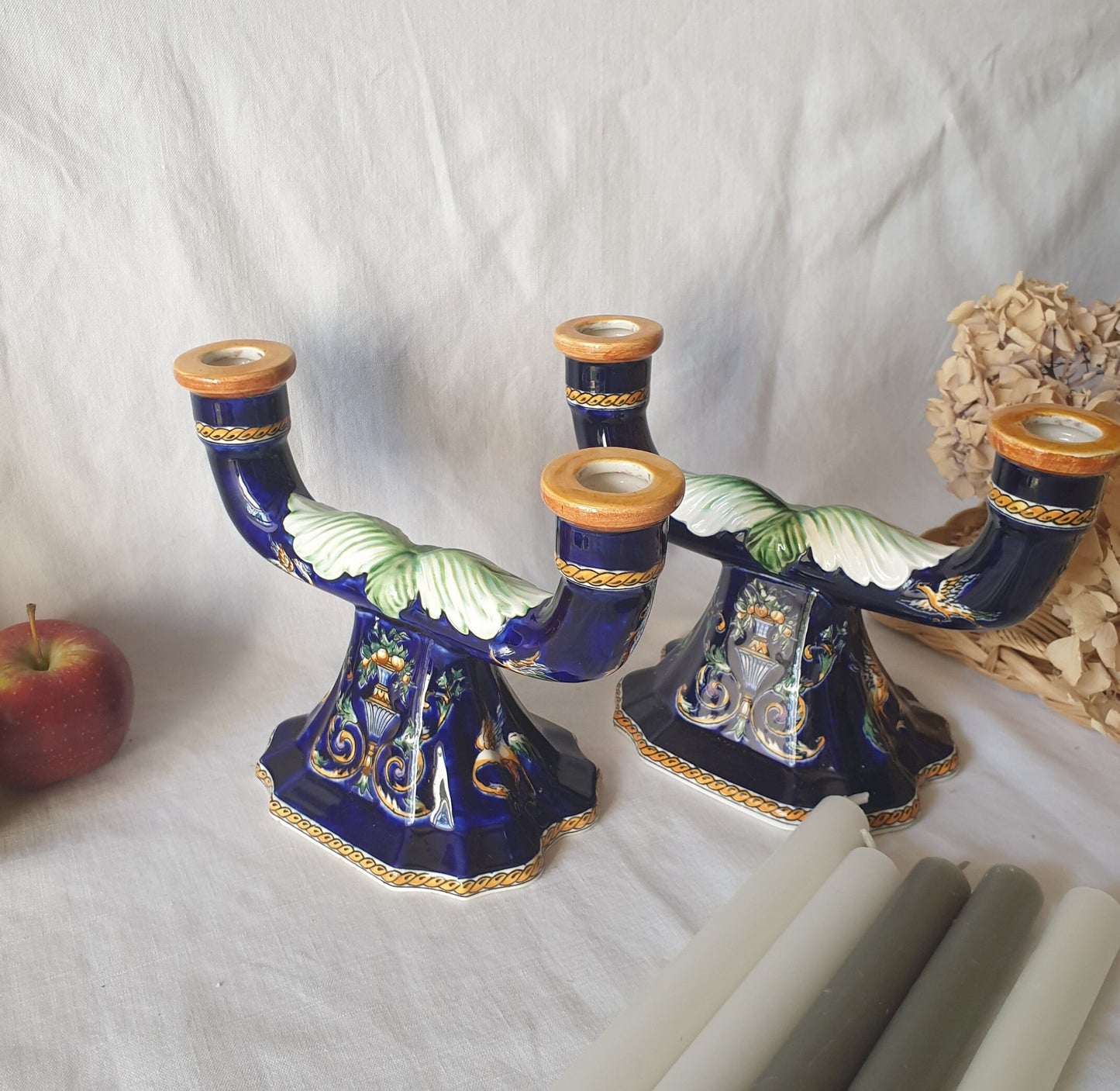 Vintage Gien Barbotine Candle Holders, Indigo Blue Majolica, French Baroque Style