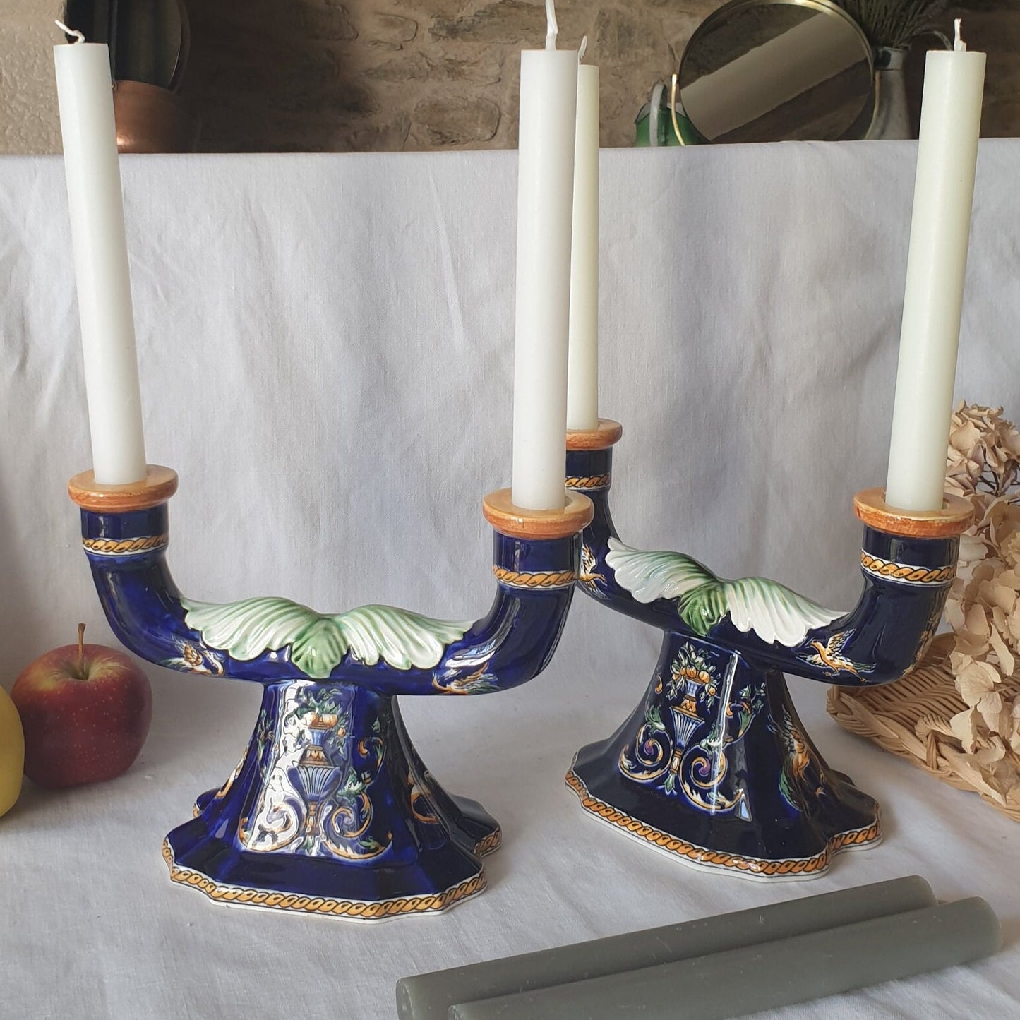 Vintage Gien Barbotine Candle Holders, Indigo Blue Majolica, French Baroque Style