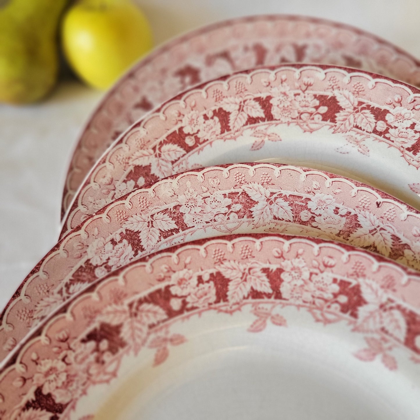 Vintage Ironstone Dinner Plates, Set of 9, Red Transferware St Amand 'Murier'