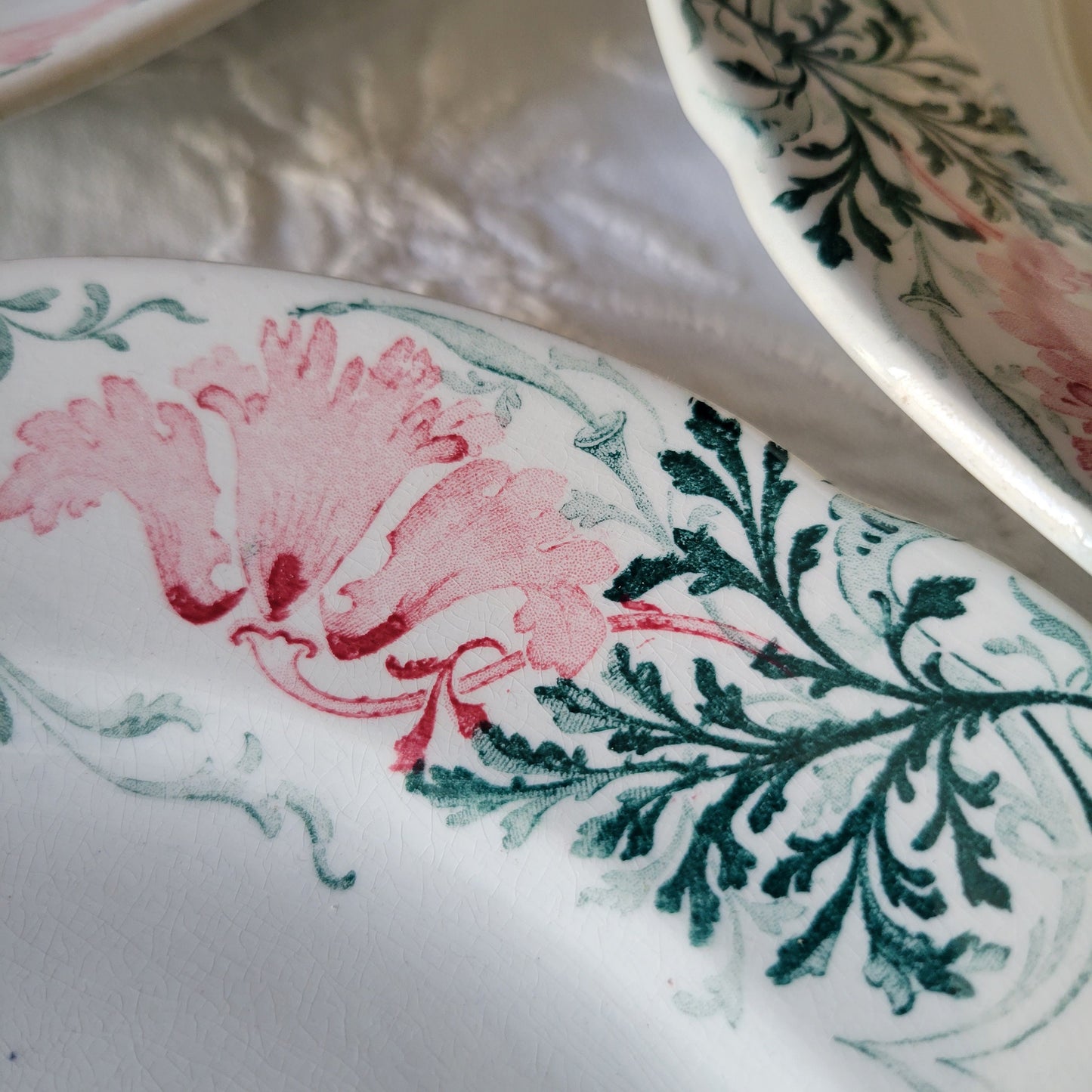 Antique French 8 Place Art Nouveau Dinnerware Set, KG Luneville Floral Transferware, 31pc