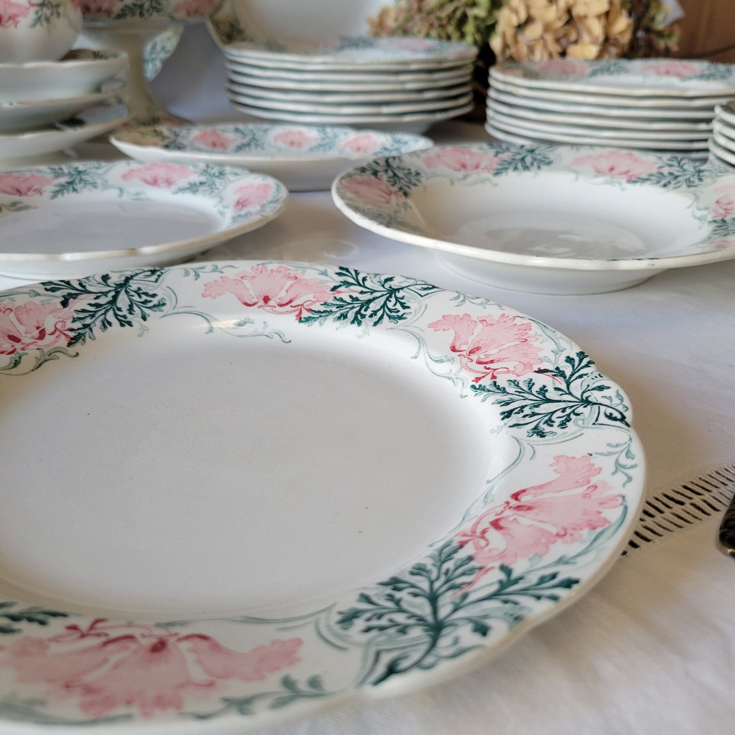 Antique French 8 Place Art Nouveau Dinnerware Set, KG Luneville Floral Transferware, 31pc