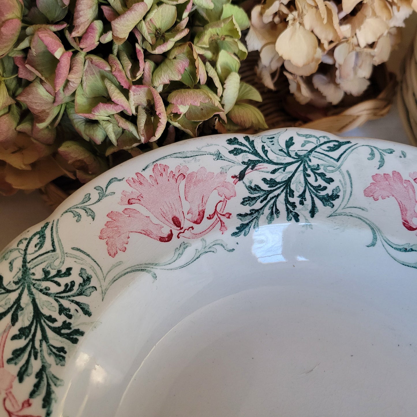 Antique French 8 Place Art Nouveau Dinnerware Set, KG Luneville Floral Transferware, 31pc