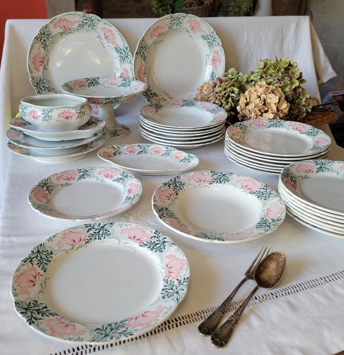 Antique French 8 Place Art Nouveau Dinnerware Set, KG Luneville Floral Transferware, 31pc