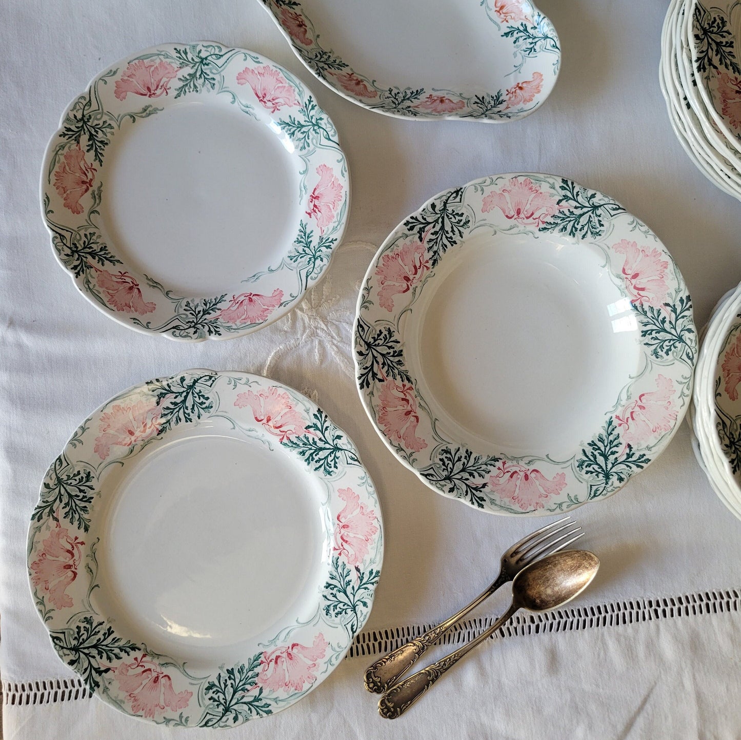 Antique French 8 Place Art Nouveau Dinnerware Set, KG Luneville Floral Transferware, 31pc