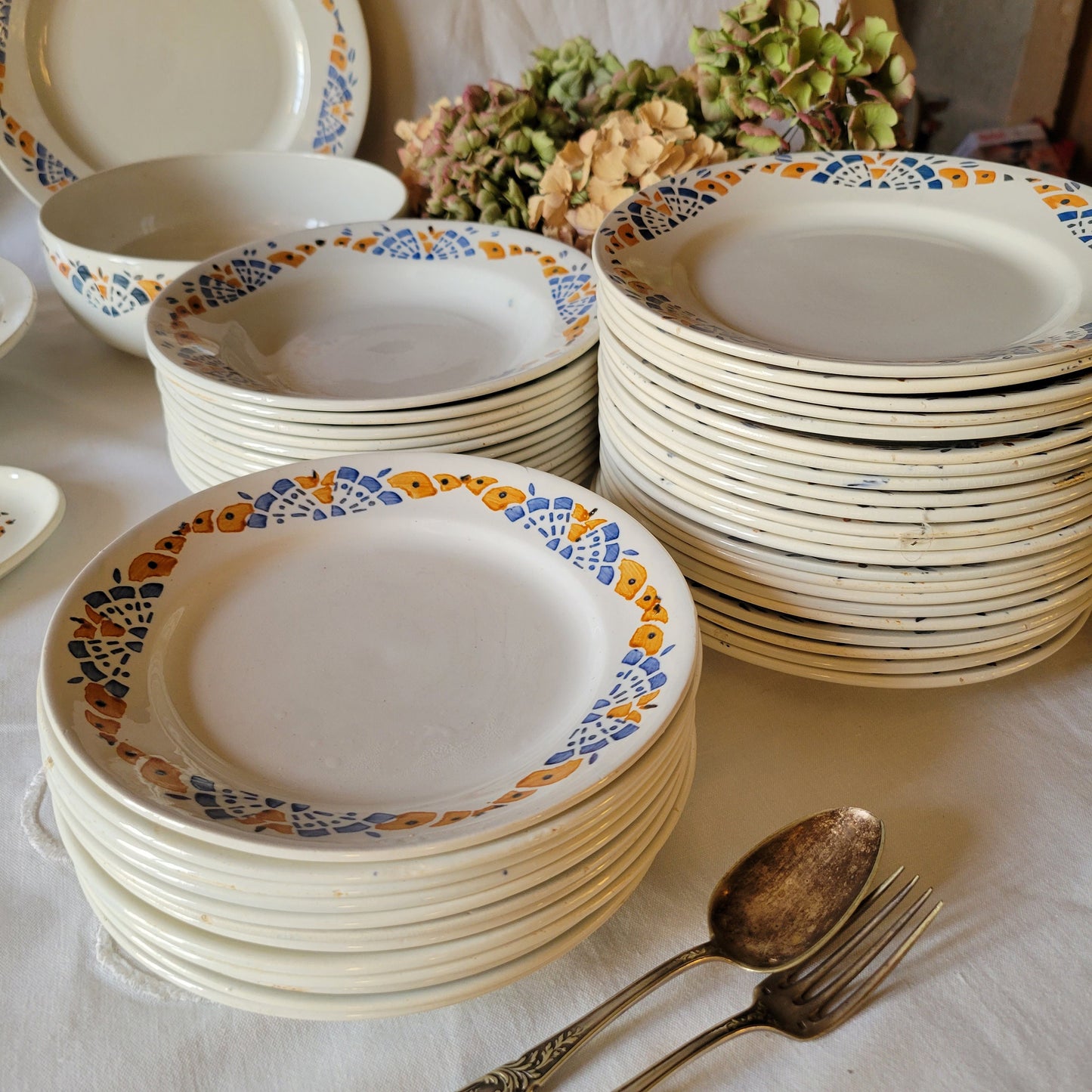 Vintage 12-Place French Art Deco Dinner Service, Blue & Mustard Yellow, 43-Piece Set