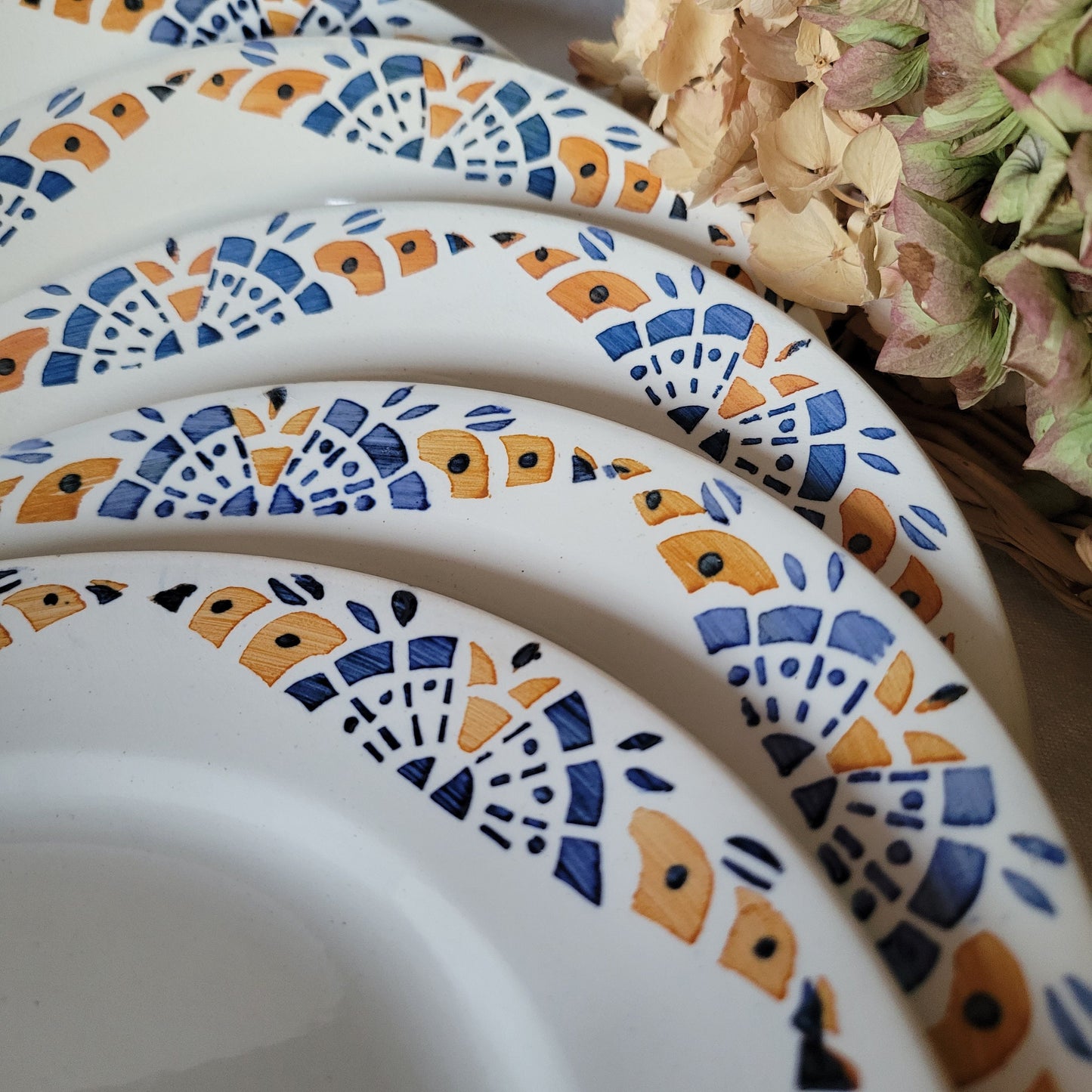 Vintage 12-Place French Art Deco Dinner Service, Blue & Mustard Yellow, 43-Piece Set