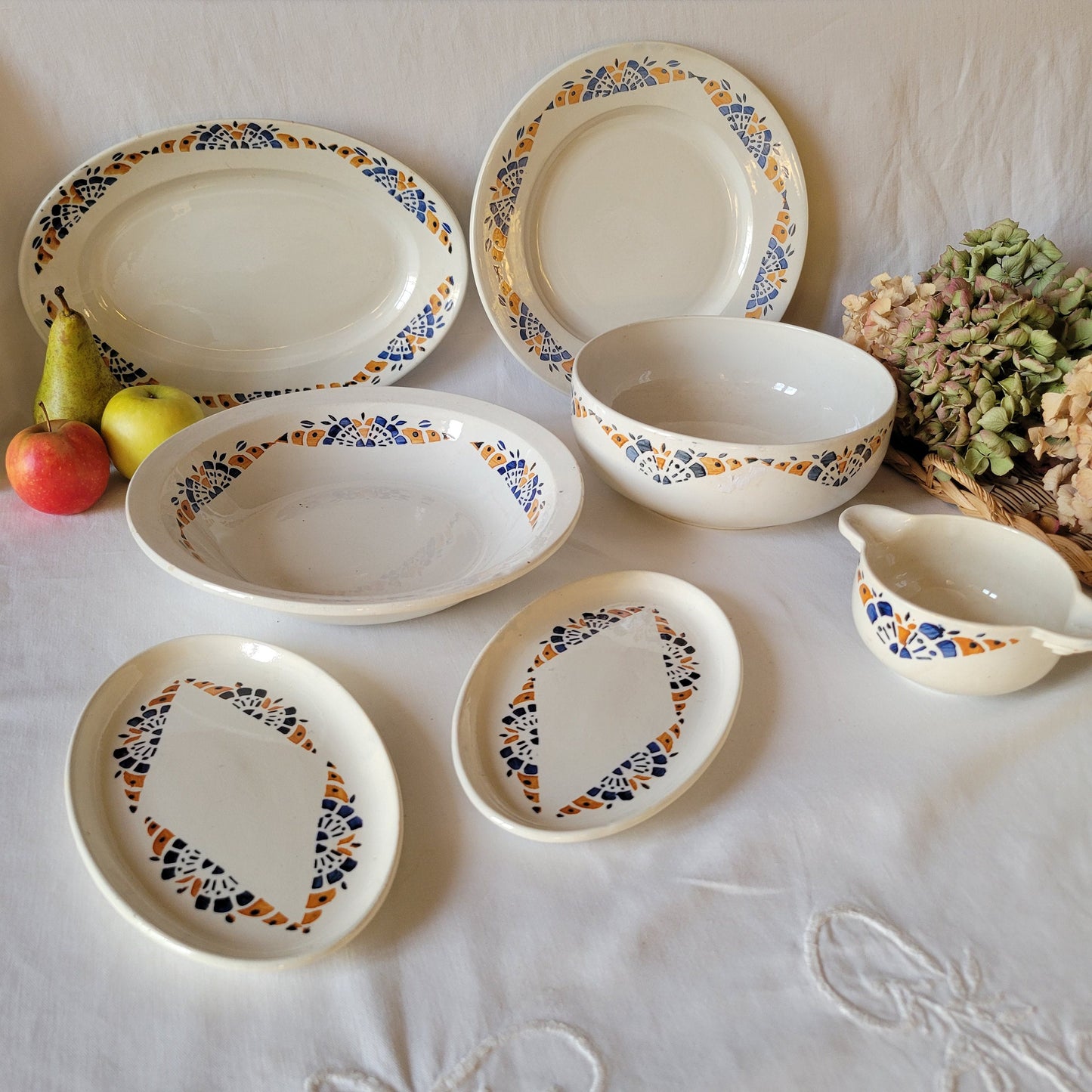 Vintage 12-Place French Art Deco Dinner Service, Blue & Mustard Yellow, 43-Piece Set