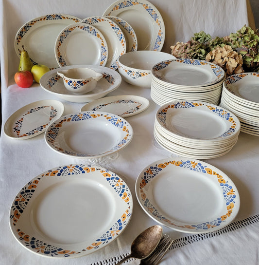 Vintage 12-Place French Art Deco Dinner Service, Blue & Mustard Yellow, 43-Piece Set