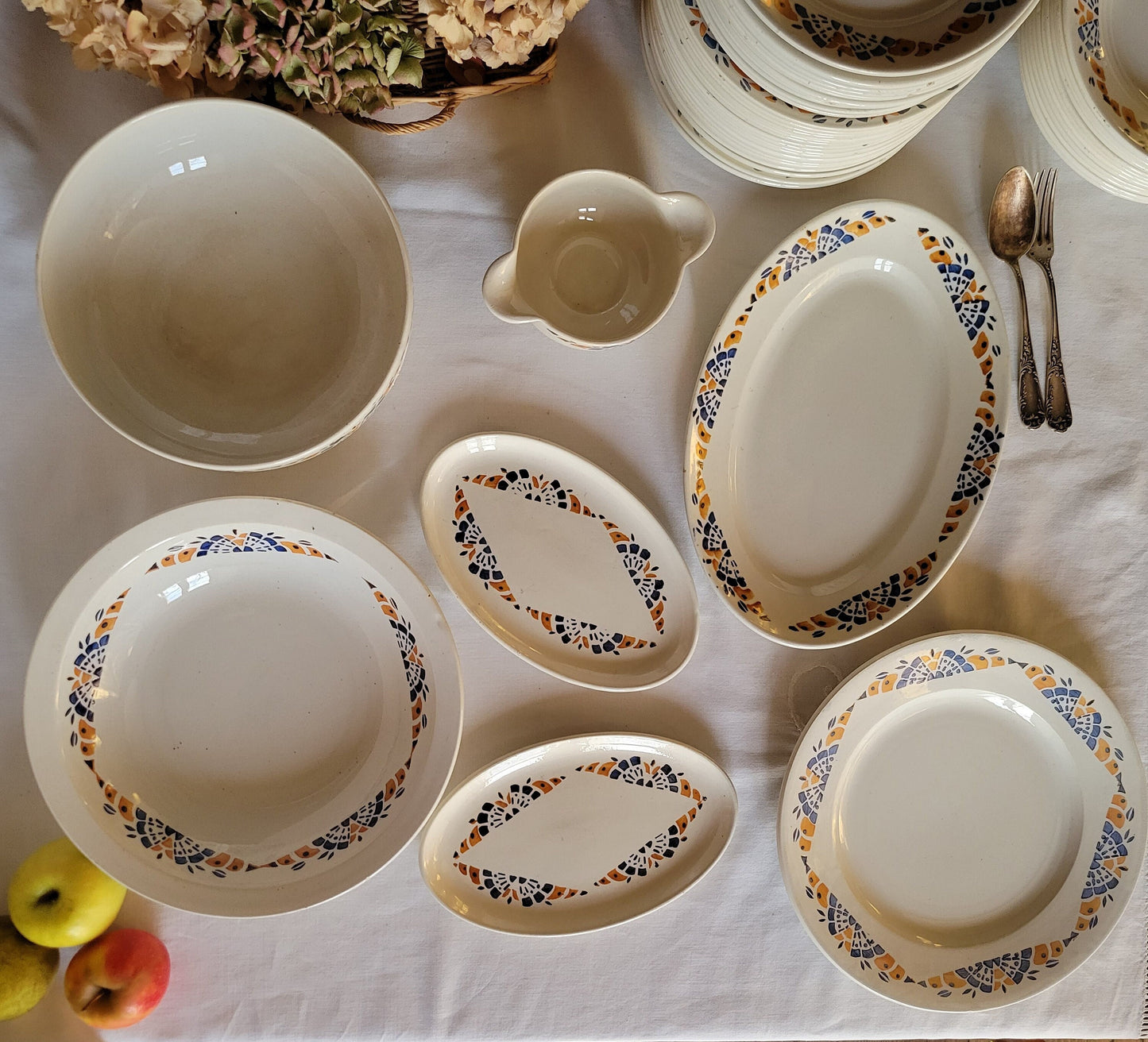Vintage 12-Place French Art Deco Dinner Service, Blue & Mustard Yellow, 43-Piece Set