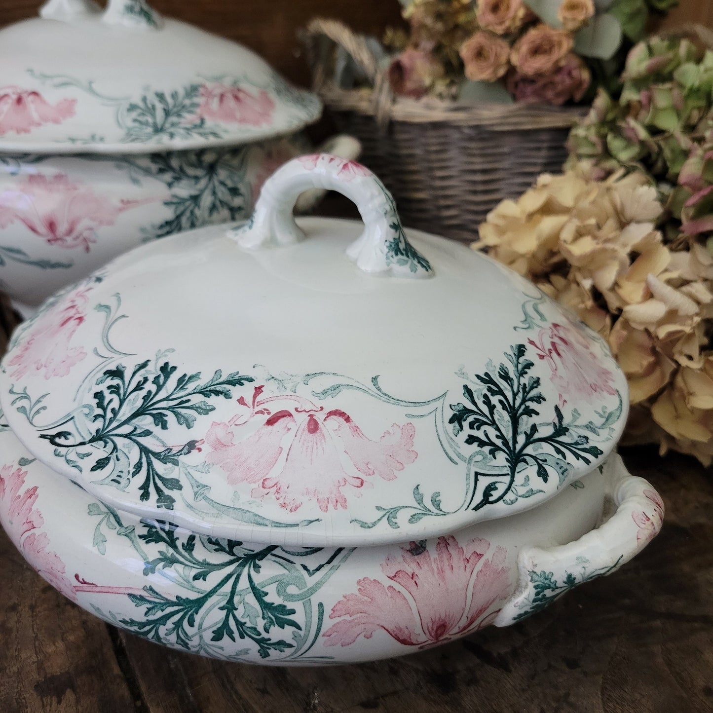 PAIR Shabby Antique French Luneville Soup Tureens, Green & Pink Art Nouveau Floral Transferware