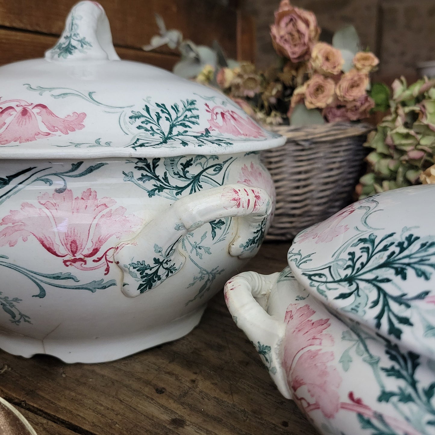 PAIR Shabby Antique French Luneville Soup Tureens, Green & Pink Art Nouveau Floral Transferware