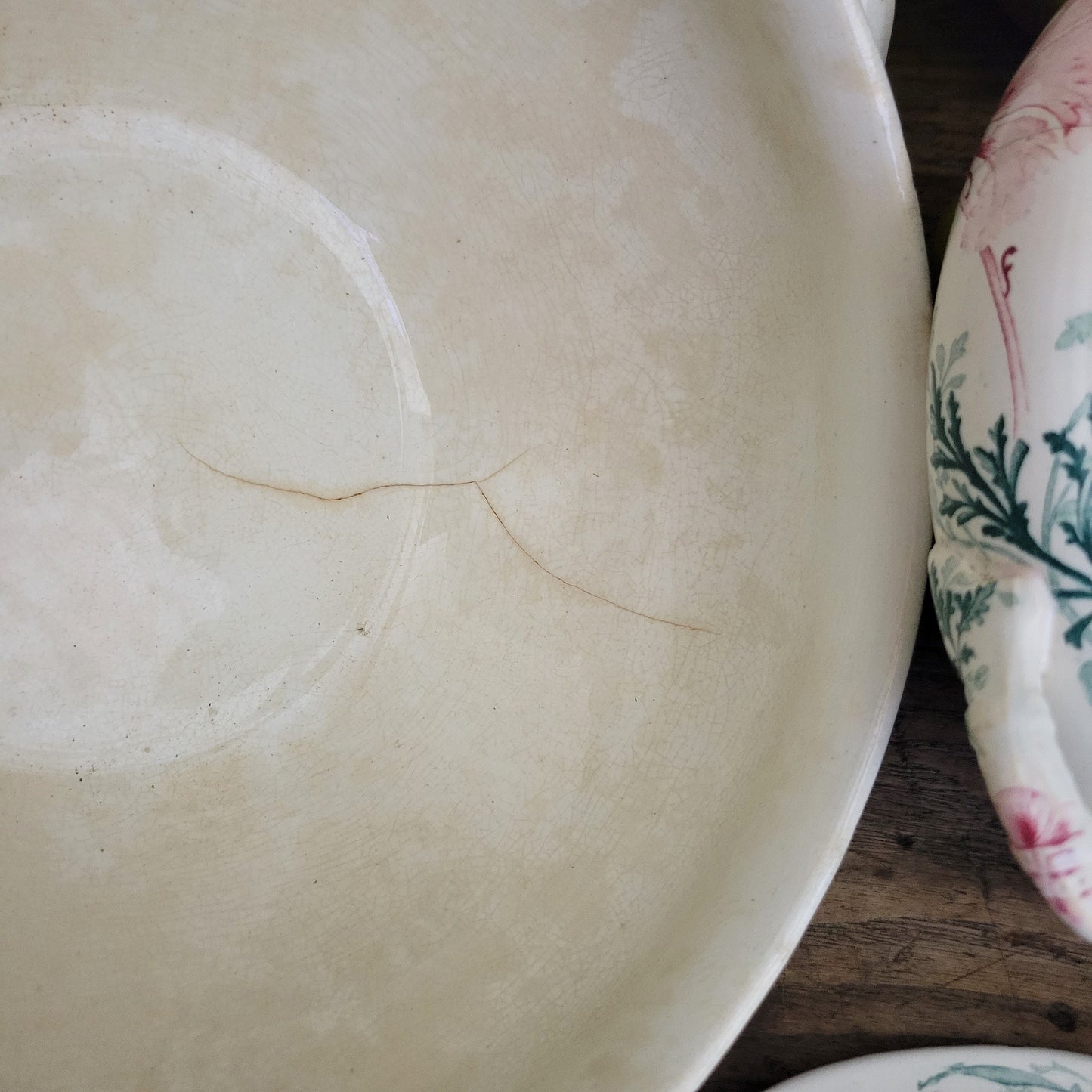 PAIR Shabby Antique French Luneville Soup Tureens, Green & Pink Art Nouveau Floral Transferware