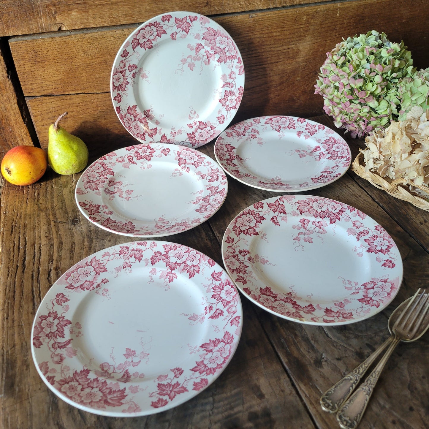 Antique French Ironstone Dinner Plates, Red Floral Transferware, Set of 5