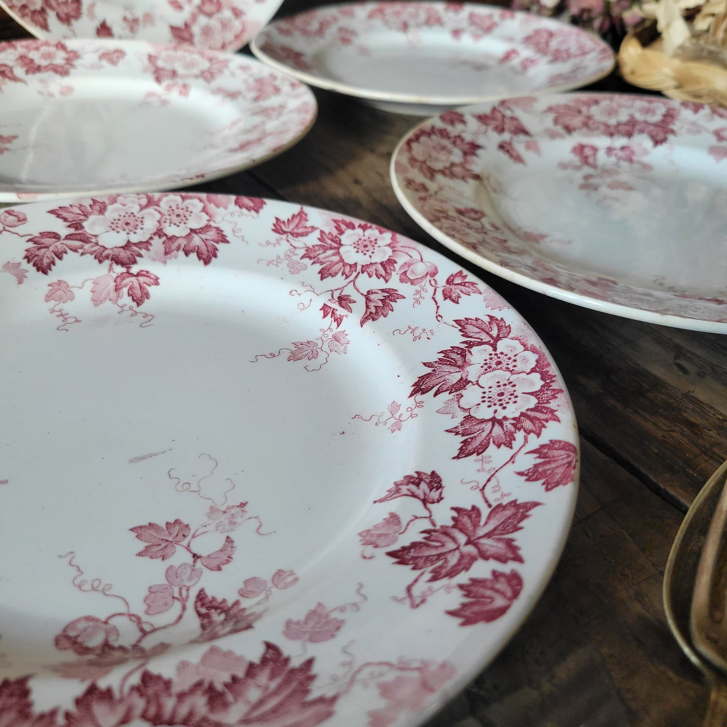 Antique French Ironstone Dinner Plates, Red Floral Transferware, Set of 5