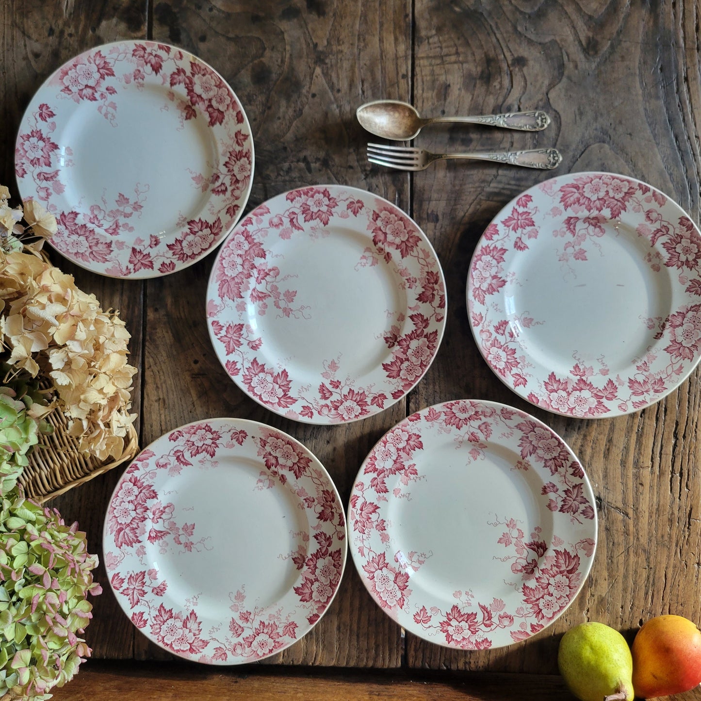 Antique French Ironstone Dinner Plates, Red Floral Transferware, Set of 5