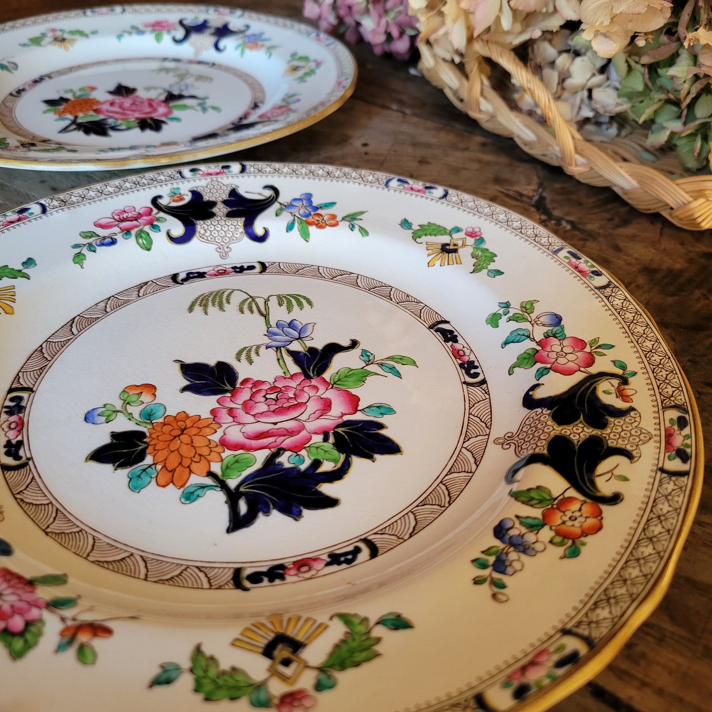 Pair of Antique Minton Chinoiserie Dinner Plates, Edwardian Polychrome Imari, Pair