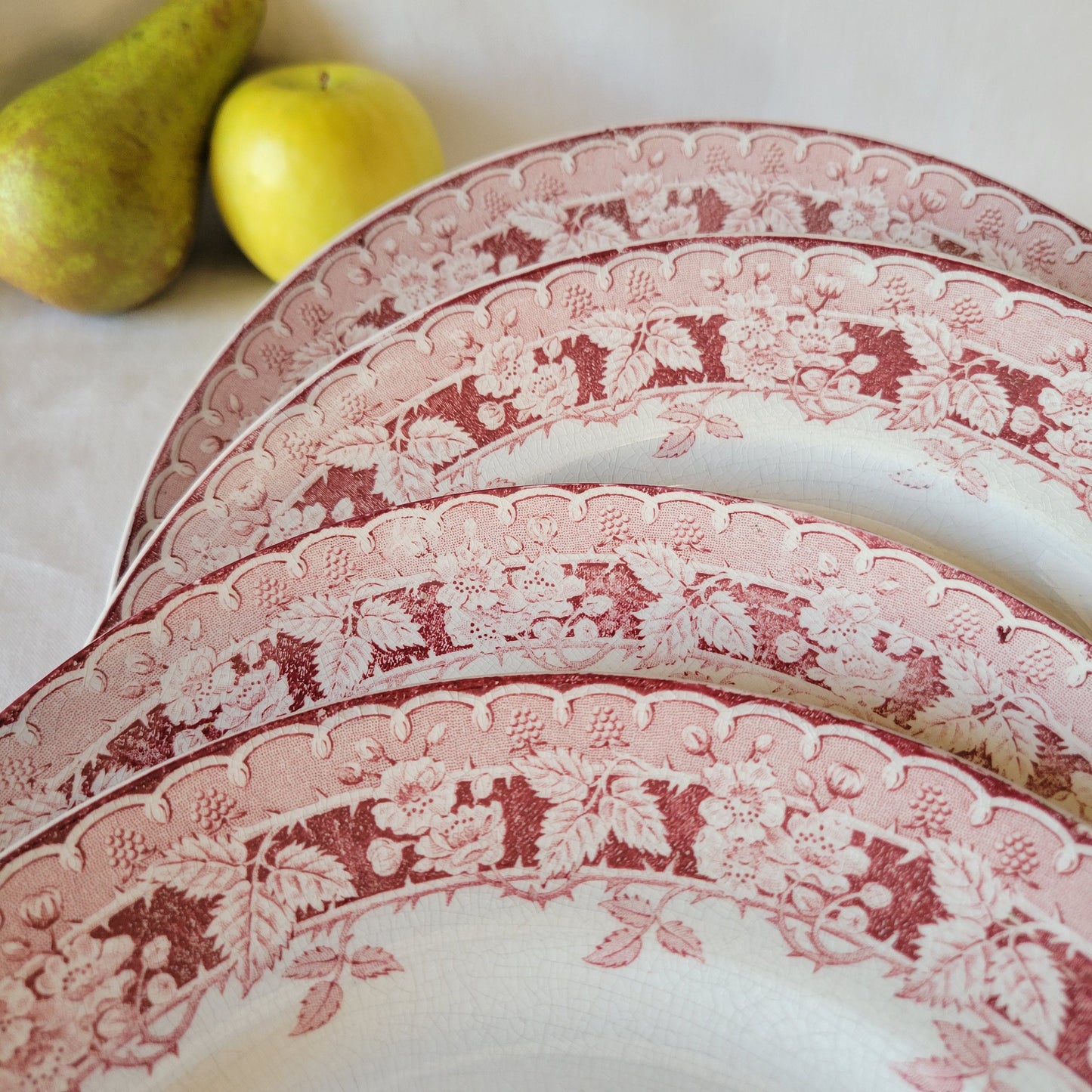 Vintage Ironstone Dinner Plates, Set of 9, Red Transferware St Amand 'Murier'