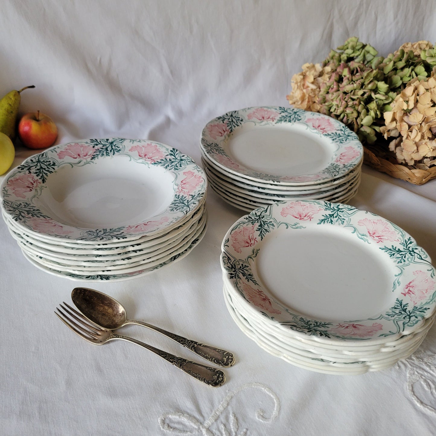 Antique French 8 Place Art Nouveau Dinnerware Set, KG Luneville Floral Transferware, 31pc