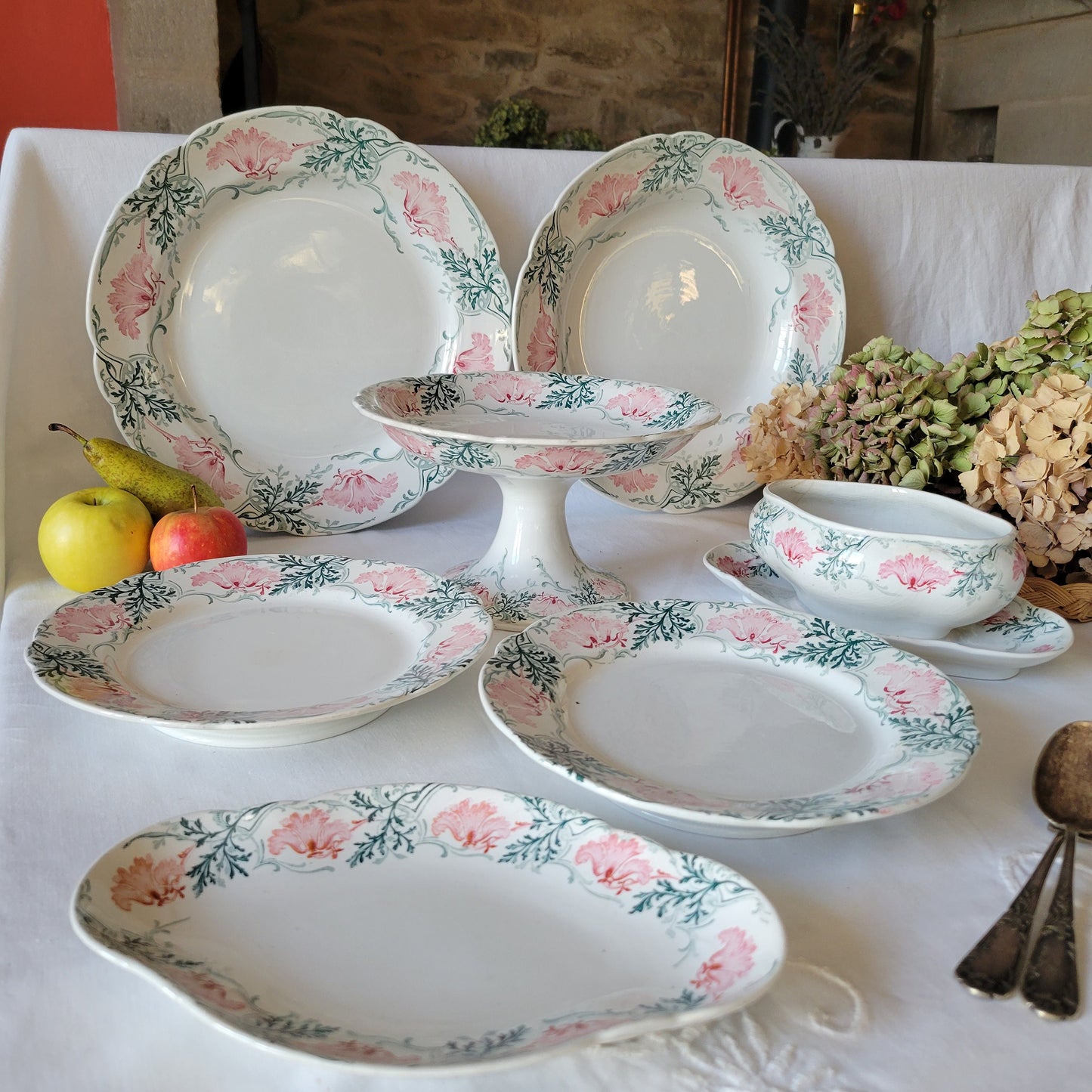 Antique French 8 Place Art Nouveau Dinnerware Set, KG Luneville Floral Transferware, 31pc