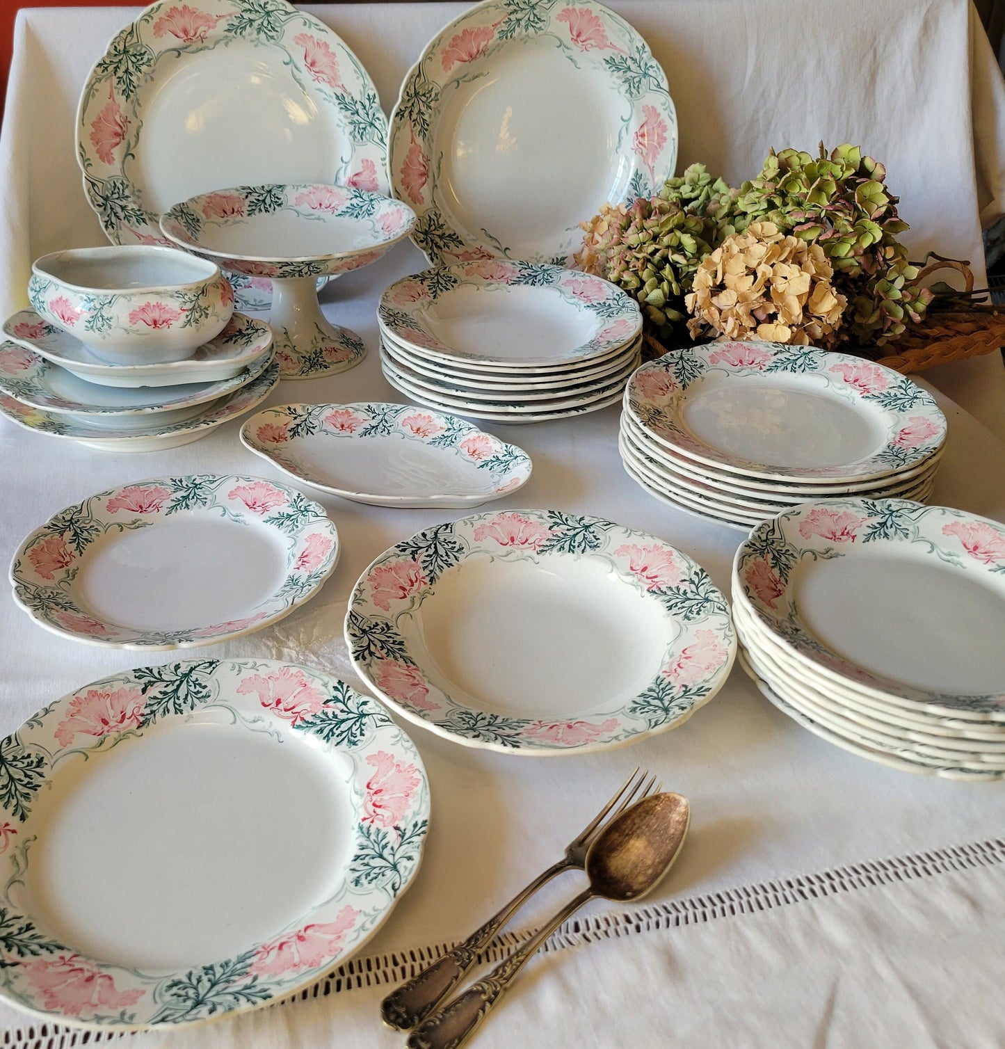 Antique French 8 Place Art Nouveau Dinnerware Set, KG Luneville Floral Transferware, 31pc