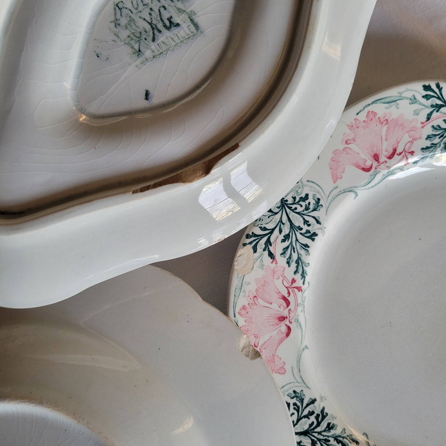 Antique French 8 Place Art Nouveau Dinnerware Set, KG Luneville Floral Transferware, 31pc