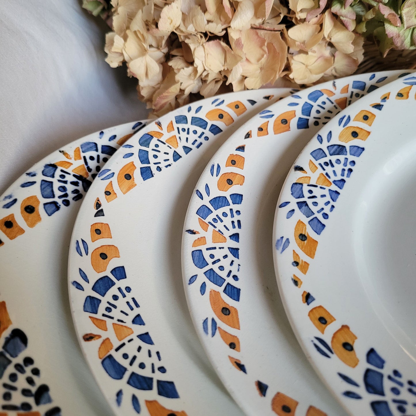 Vintage 12-Place French Art Deco Dinner Service, Blue & Mustard Yellow, 43-Piece Set