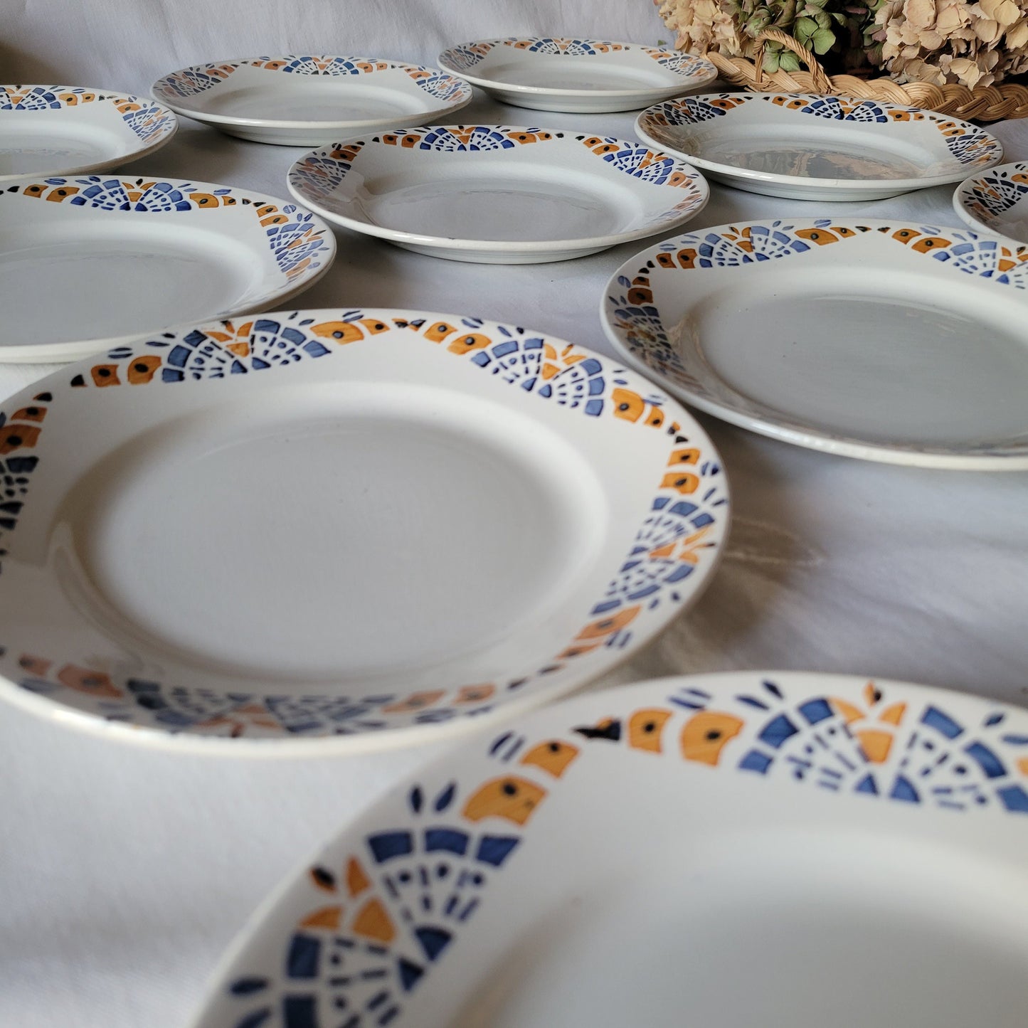 Vintage 12-Place French Art Deco Dinner Service, Blue & Mustard Yellow, 43-Piece Set