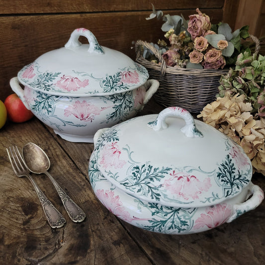 PAIR Shabby Antique French Luneville Soup Tureens, Green & Pink Art Nouveau Floral Transferware