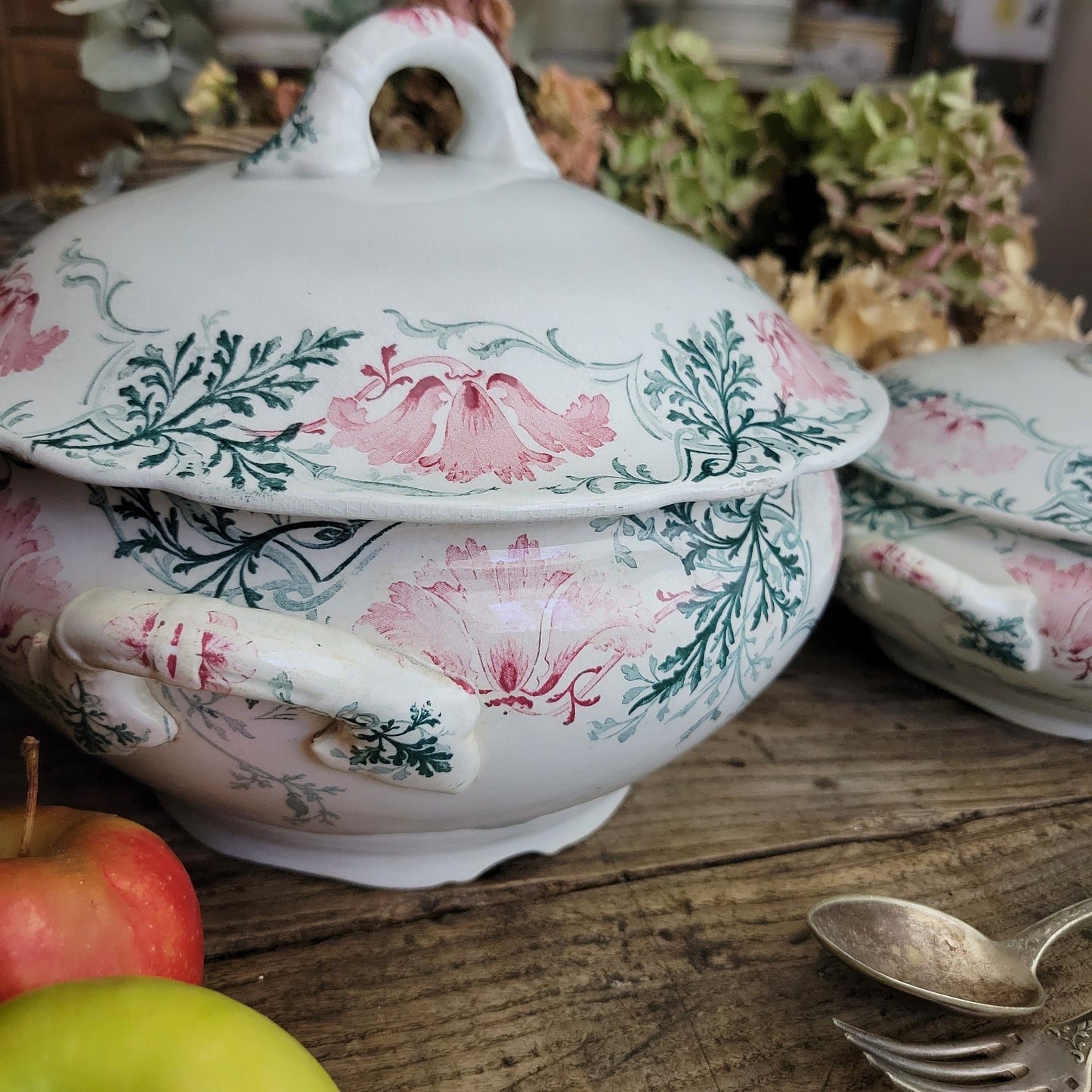 PAIR Shabby Antique French Luneville Soup Tureens, Green & Pink Art Nouveau Floral Transferware