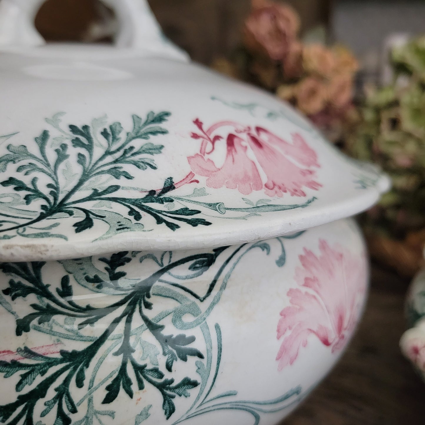 PAIR Shabby Antique French Luneville Soup Tureens, Green & Pink Art Nouveau Floral Transferware